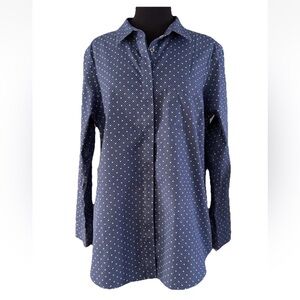 LL Bean Navy Polka Dot Wrinkle Free Button Up Tunic Length Button Placket Sz L